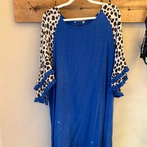 Umgee Blue Mini Dress with Leopard Print Sleeves